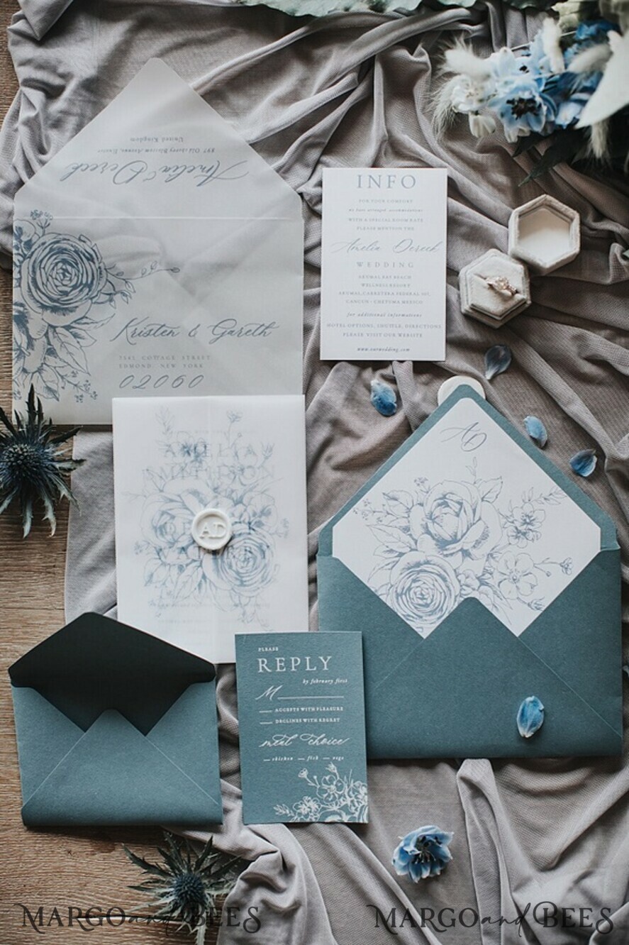 WEDDING INVITATIONS Modern Invites Floral Cards Bespoke wedding invitation vintage flowers dusty blue and white