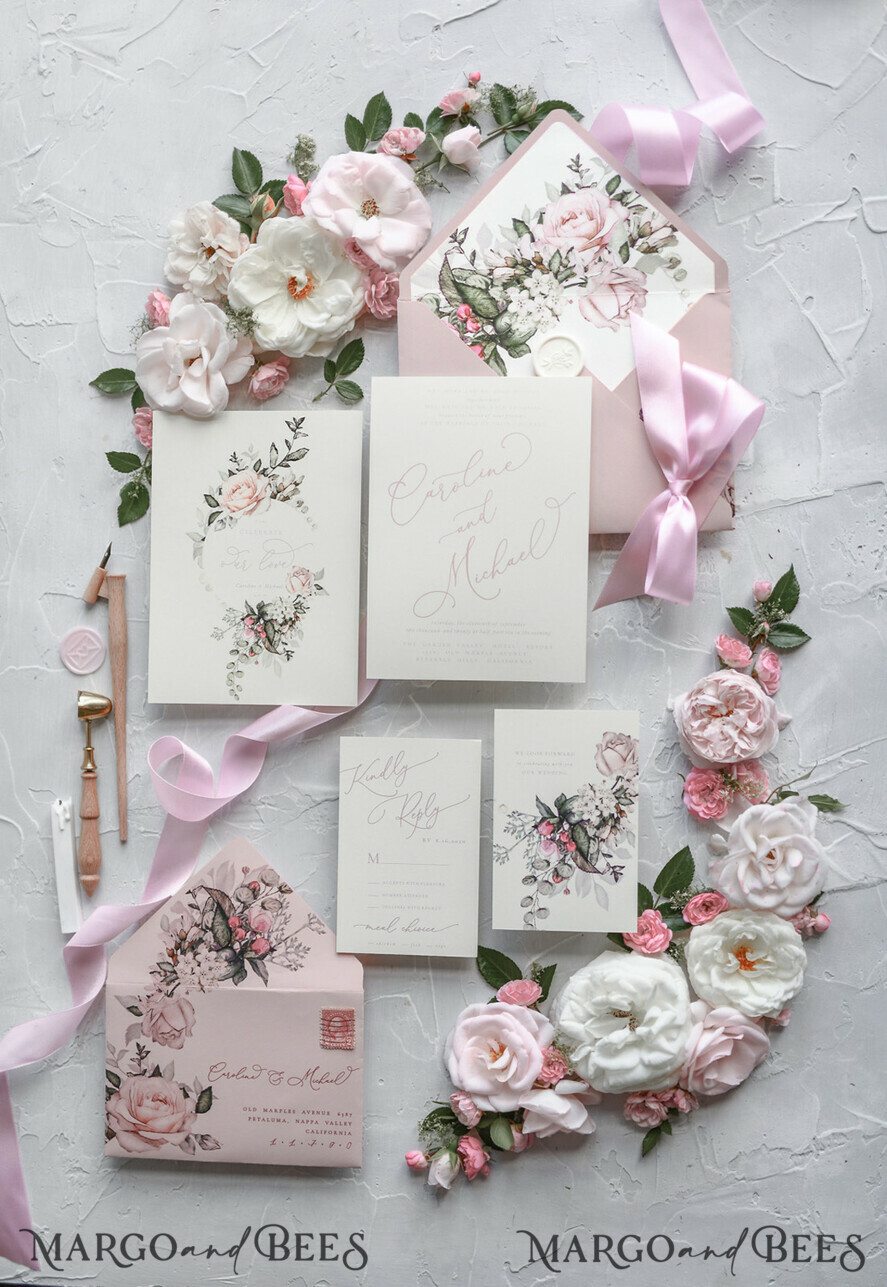 WEDDING INVITATIONS Modern Invites Floral Cards Blush pink wedding invitations, romantic wedding invitations, white wedding invitations, floral wedding invitations, rose wedding invitations, garden roses, garden roses wedding invitations, garden rose, rose wedding accessories, pink ribbon, pink bow, pink wedding invitations, floral cards, floral envelope, calligraphy, rose wedding cards, garden wedding, romantic wedding, elegant wedding invitations, blush pink wedding stationery
