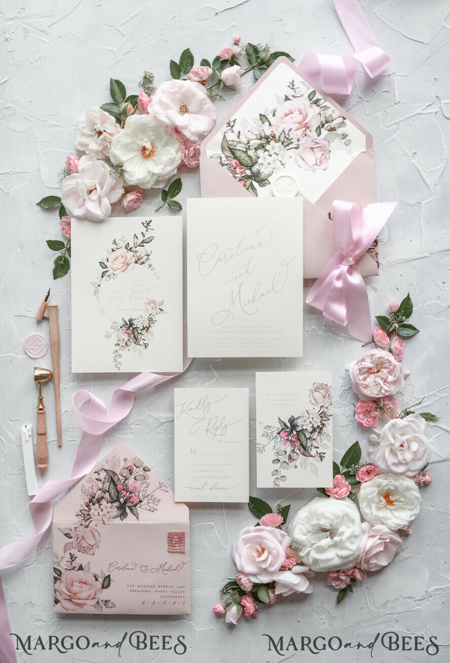 WEDDING INVITATIONS Modern Invites Floral Cards Blush pink wedding invitations, romantic wedding invitations, white wedding invitations, floral wedding invitations, rose wedding invitations, garden roses, garden roses wedding invitations, garden rose, rose wedding accessories, pink ribbon, pink bow, pink wedding invitations, floral cards, floral envelope, calligraphy, rose wedding cards, garden wedding, romantic wedding, elegant wedding invitations, blush pink wedding stationery