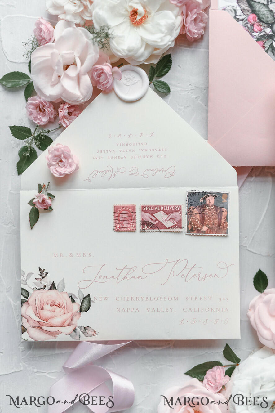 WEDDING INVITATIONS Modern Invites Floral Cards Blush pink wedding invitations, romantic wedding invitations, white wedding invitations, floral wedding invitations, rose wedding invitations, garden roses, garden roses wedding invitations, garden rose, rose wedding accessories, pink ribbon, pink bow, pink wedding invitations, floral cards, floral envelope, calligraphy, rose wedding cards, garden wedding, romantic wedding, elegant wedding invitations, blush pink wedding stationery