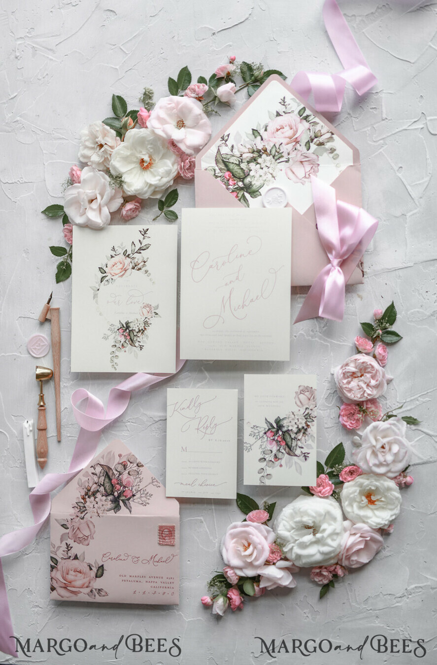 WEDDING INVITATIONS Modern Invites Floral Cards Blush pink wedding invitations, romantic wedding invitations, white wedding invitations, floral wedding invitations, rose wedding invitations, garden roses, garden roses wedding invitations, garden rose, rose wedding accessories, pink ribbon, pink bow, pink wedding invitations, floral cards, floral envelope, calligraphy, rose wedding cards, garden wedding, romantic wedding, elegant wedding invitations, blush pink wedding stationery