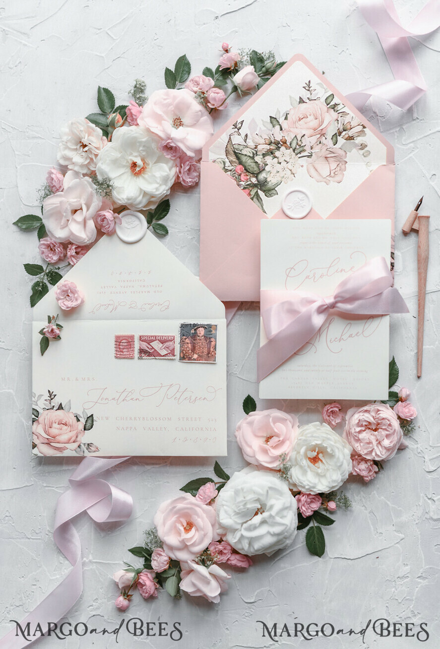 WEDDING INVITATIONS Modern Invites Floral Cards Blush pink wedding invitations, romantic wedding invitations, white wedding invitations, floral wedding invitations, rose wedding invitations, garden roses, garden roses wedding invitations, garden rose, rose wedding accessories, pink ribbon, pink bow, pink wedding invitations, floral cards, floral envelope, calligraphy, rose wedding cards, garden wedding, romantic wedding, elegant wedding invitations, blush pink wedding stationery