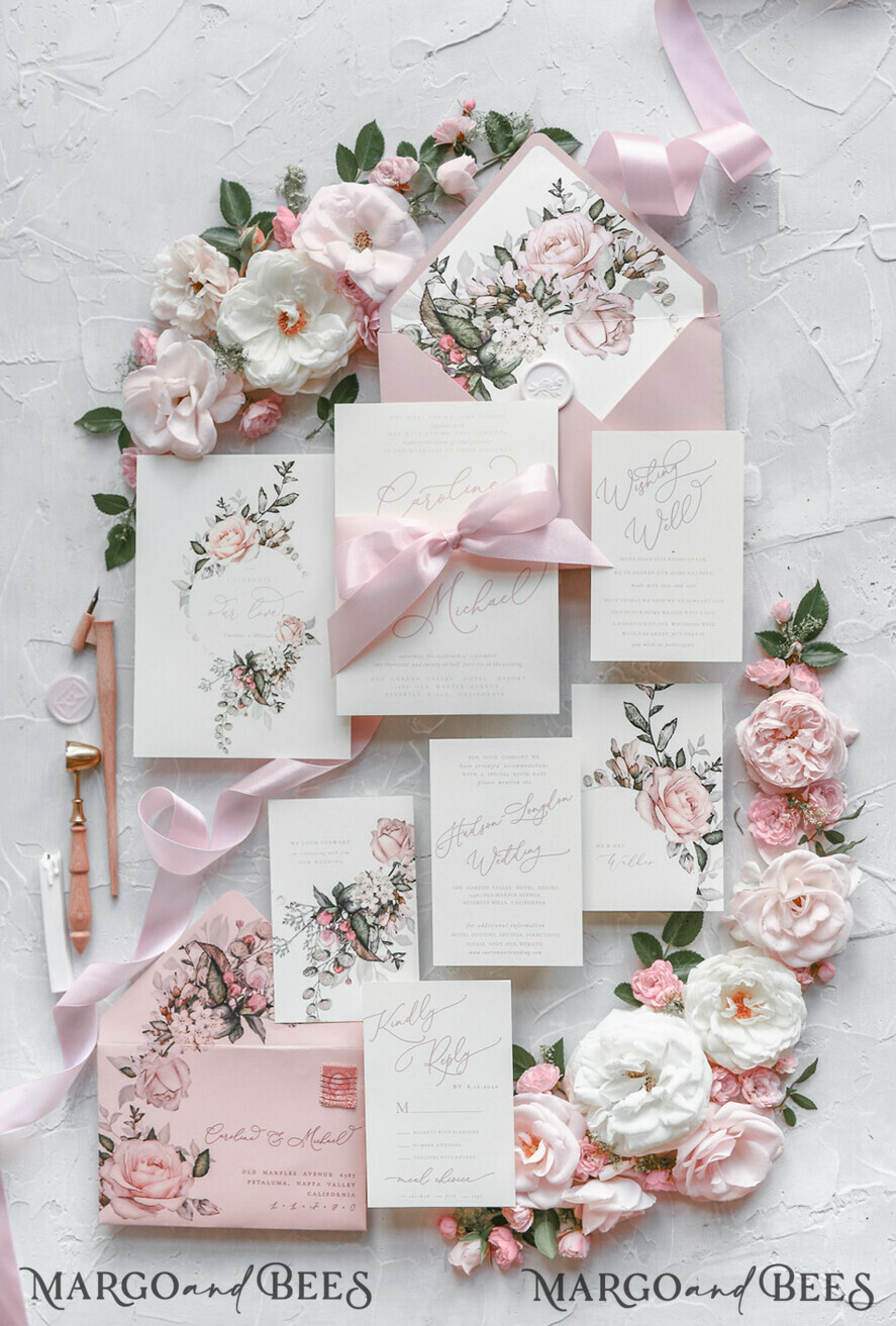 WEDDING INVITATIONS Modern Invites Floral Cards Blush pink wedding invitations, romantic wedding invitations, white wedding invitations, floral wedding invitations, rose wedding invitations, garden roses, garden roses wedding invitations, garden rose, rose wedding accessories, pink ribbon, pink bow, pink wedding invitations, floral cards, floral envelope, calligraphy, rose wedding cards, garden wedding, romantic wedding, elegant wedding invitations, blush pink wedding stationery