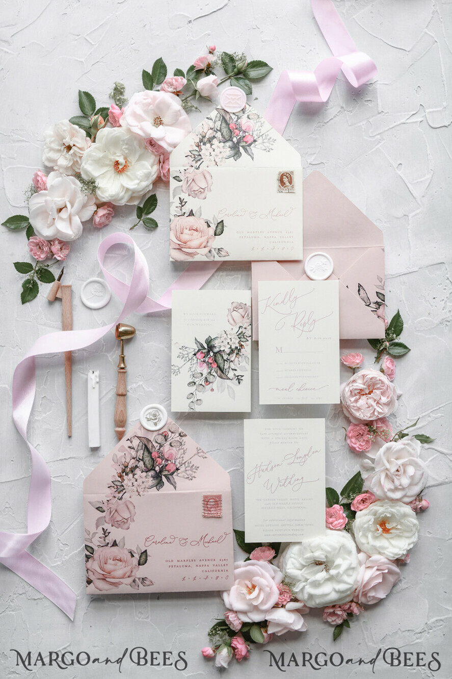 WEDDING INVITATIONS Modern Invites Floral Cards Blush pink wedding invitations, romantic wedding invitations, white wedding invitations, floral wedding invitations, rose wedding invitations, garden roses, garden roses wedding invitations, garden rose, rose wedding accessories, pink ribbon, pink bow, pink wedding invitations, floral cards, floral envelope, calligraphy, rose wedding cards, garden wedding, romantic wedding, elegant wedding invitations, blush pink wedding stationery