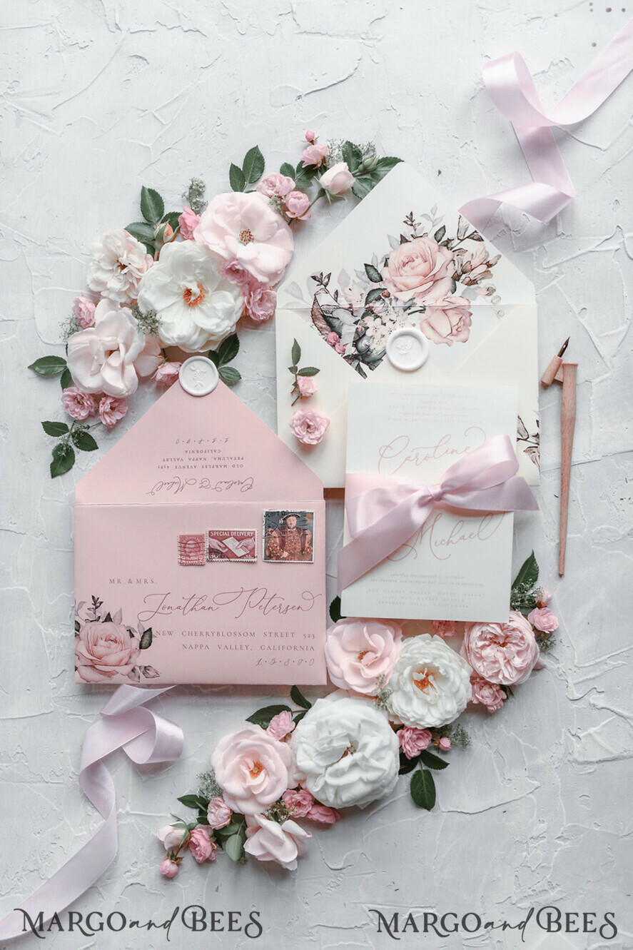 WEDDING INVITATIONS Modern Invites Floral Cards Blush pink wedding invitations, romantic wedding invitations, white wedding invitations, floral wedding invitations, rose wedding invitations, garden roses, garden roses wedding invitations, garden rose, rose wedding accessories, pink ribbon, pink bow, pink wedding invitations, floral cards, floral envelope, calligraphy, rose wedding cards, garden wedding, romantic wedding, elegant wedding invitations, blush pink wedding stationery