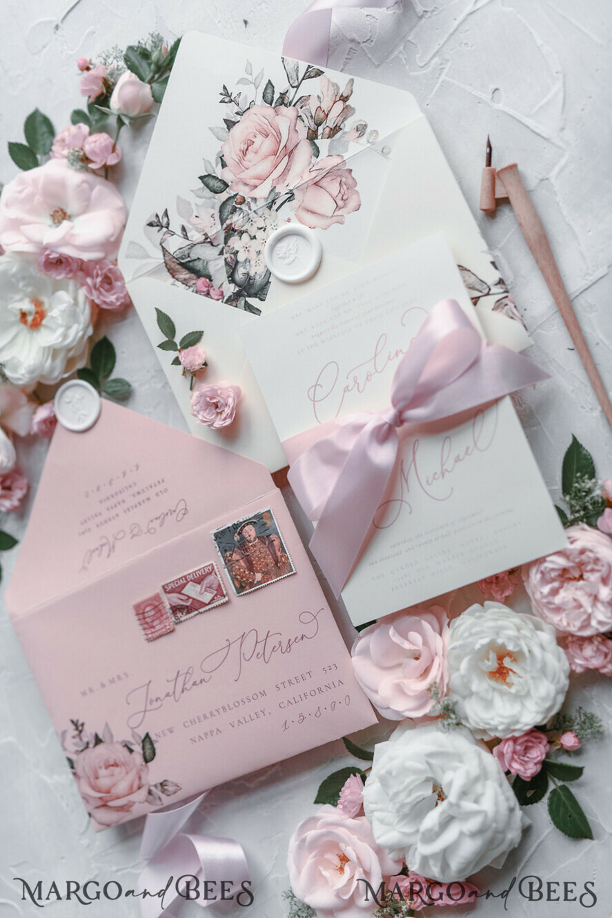 WEDDING INVITATIONS Modern Invites Floral Cards Blush pink wedding invitations, romantic wedding invitations, white wedding invitations, floral wedding invitations, rose wedding invitations, garden roses, garden roses wedding invitations, garden rose, rose wedding accessories, pink ribbon, pink bow, pink wedding invitations, floral cards, floral envelope, calligraphy, rose wedding cards, garden wedding, romantic wedding, elegant wedding invitations, blush pink wedding stationery