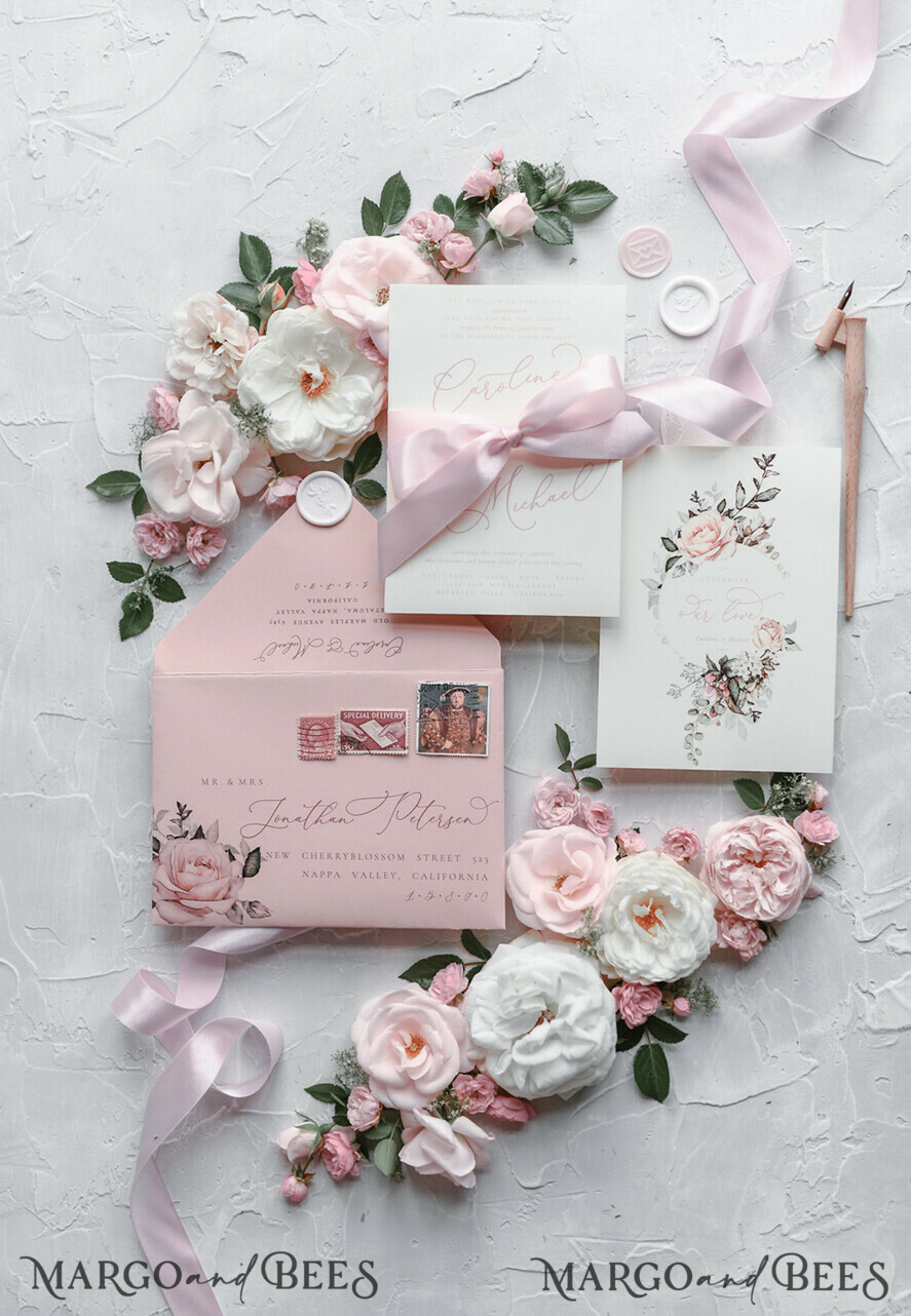 WEDDING INVITATIONS Modern Invites Floral Cards Blush pink wedding invitations, romantic wedding invitations, white wedding invitations, floral wedding invitations, rose wedding invitations, garden roses, garden roses wedding invitations, garden rose, rose wedding accessories, pink ribbon, pink bow, pink wedding invitations, floral cards, floral envelope, calligraphy, rose wedding cards, garden wedding, romantic wedding, elegant wedding invitations, blush pink wedding stationery