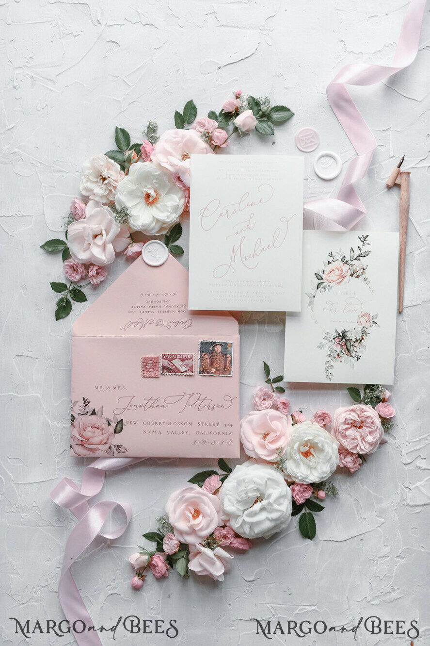 WEDDING INVITATIONS Modern Invites Floral Cards Blush pink wedding invitations, romantic wedding invitations, white wedding invitations, floral wedding invitations, rose wedding invitations, garden roses, garden roses wedding invitations, garden rose, rose wedding accessories, pink ribbon, pink bow, pink wedding invitations, floral cards, floral envelope, calligraphy, rose wedding cards, garden wedding, romantic wedding, elegant wedding invitations, blush pink wedding stationery