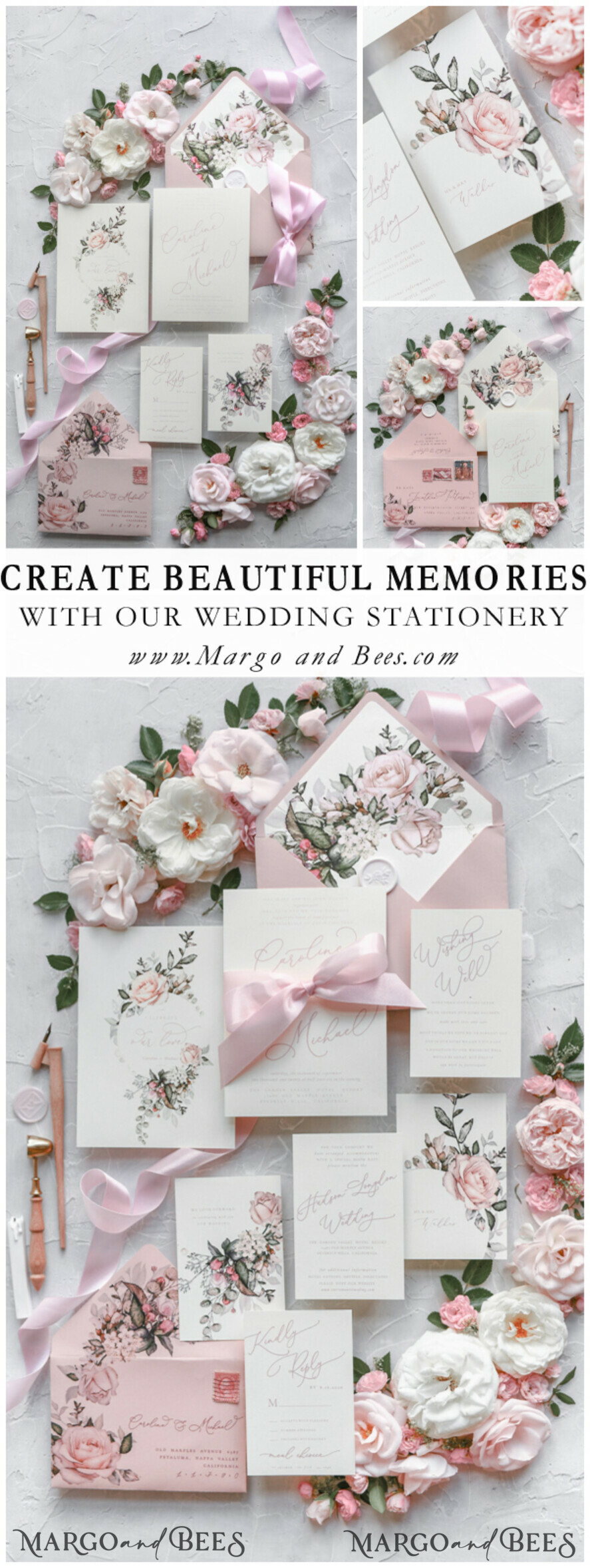 WEDDING INVITATIONS Modern Invites Floral Cards Blush pink wedding invitations, romantic wedding invitations, white wedding invitations, floral wedding invitations, rose wedding invitations, garden roses, garden roses wedding invitations, garden rose, rose wedding accessories, pink ribbon, pink bow, pink wedding invitations, floral cards, floral envelope, calligraphy, rose wedding cards, garden wedding, romantic wedding, elegant wedding invitations, blush pink wedding stationery