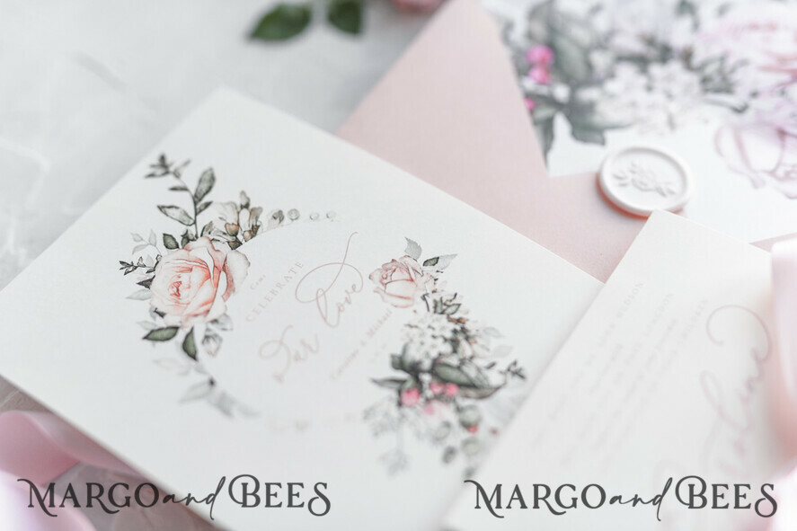 WEDDING INVITATIONS Modern Invites Floral Cards Blush pink wedding invitations, romantic wedding invitations, white wedding invitations, floral wedding invitations, rose wedding invitations, garden roses, garden roses wedding invitations, garden rose, rose wedding accessories, pink ribbon, pink bow, pink wedding invitations, floral cards, floral envelope, calligraphy, rose wedding cards, garden wedding, romantic wedding, elegant wedding invitations, blush pink wedding stationery