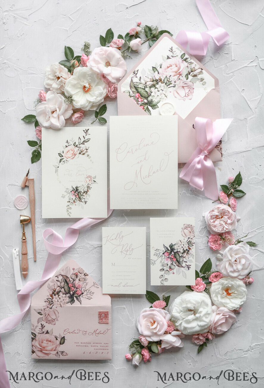 WEDDING INVITATIONS Modern Invites Floral Cards Blush pink wedding invitations, romantic wedding invitations, white wedding invitations, floral wedding invitations, rose wedding invitations, garden roses, garden roses wedding invitations, garden rose, rose wedding accessories, pink ribbon, pink bow, pink wedding invitations, floral cards, floral envelope, calligraphy, rose wedding cards, garden wedding, romantic wedding, elegant wedding invitations, blush pink wedding stationery
