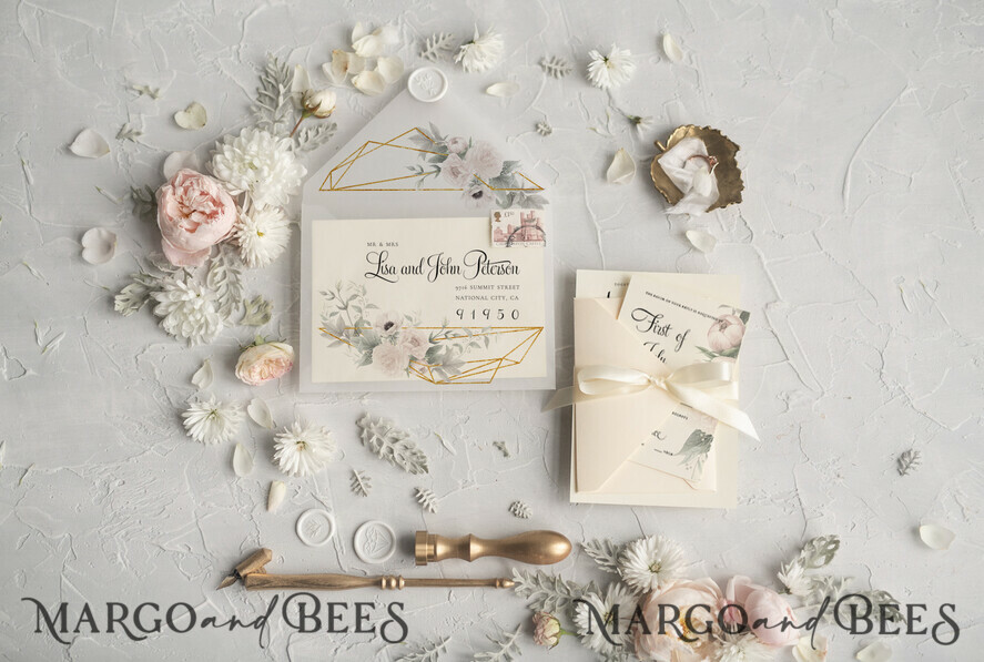 WEDDING INVITATIONS Modern Invites Floral Cards Ecru wedding invitations, ecru wedding stationery, ecru wedding accessories, floral wedding invitations, gold, geometric heart, gold heart, golden heart, geometric wedding invitations, vellum, vellum envelope, ecru ribbon, ecru bow, floral wedding accessories, floral wedding, floral wedding stationery, spring flowers, spring wedding invitations, romantic wedding invitations, floral envelope liner, pastel flowers, bohemian wedding invitations, boho wedding invitations, boho wedding