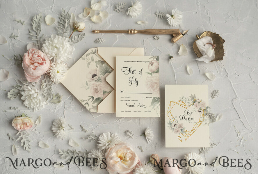 WEDDING INVITATIONS Modern Invites Floral Cards Ecru wedding invitations, ecru wedding stationery, ecru wedding accessories, floral wedding invitations, gold, geometric heart, gold heart, golden heart, geometric wedding invitations, vellum, vellum envelope, ecru ribbon, ecru bow, floral wedding accessories, floral wedding, floral wedding stationery, spring flowers, spring wedding invitations, romantic wedding invitations, floral envelope liner, pastel flowers, bohemian wedding invitations, boho wedding invitations, boho wedding