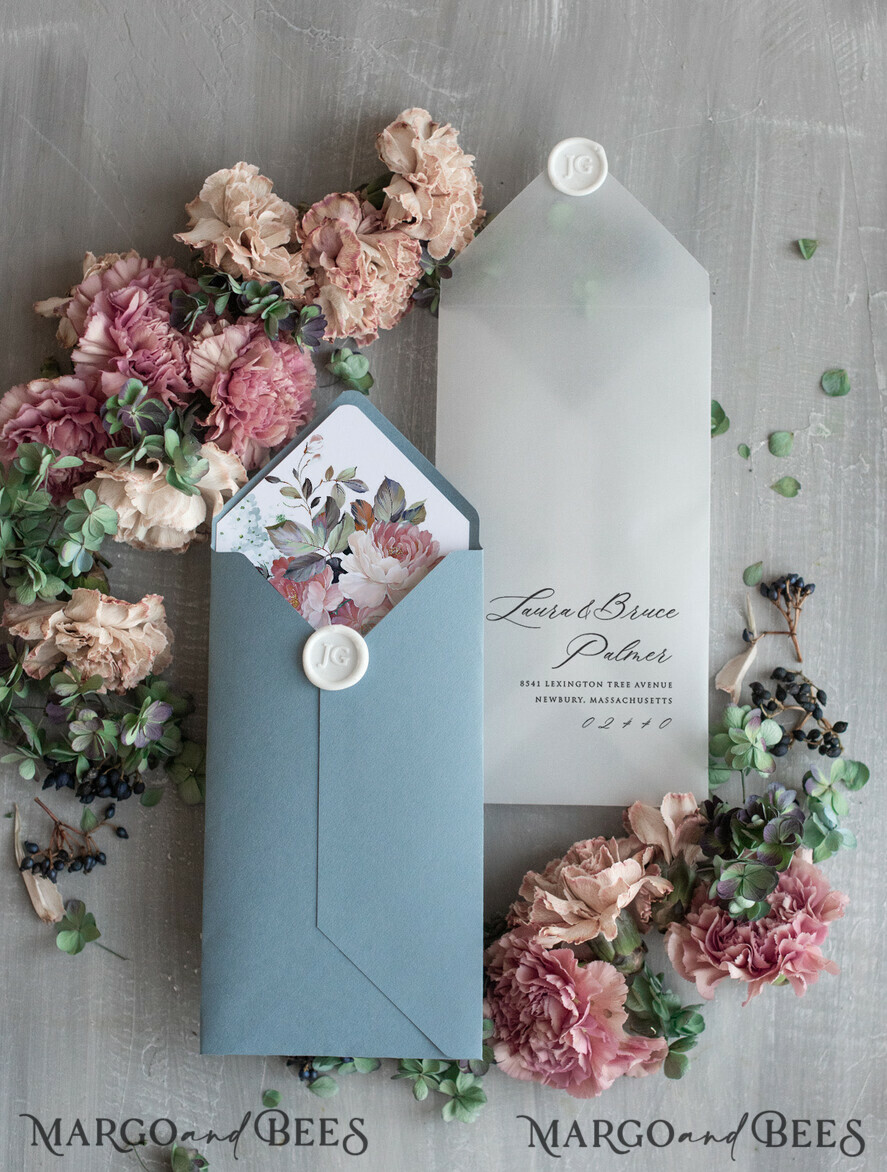 WEDDING INVITATIONS Modern Invites Floral Cards Elegant Dusty Blue Wedding Invitations, Modern Floral Wedding Invites, Delicate And Handmade Wedding Cards, Minimalistic Wedding Stationery