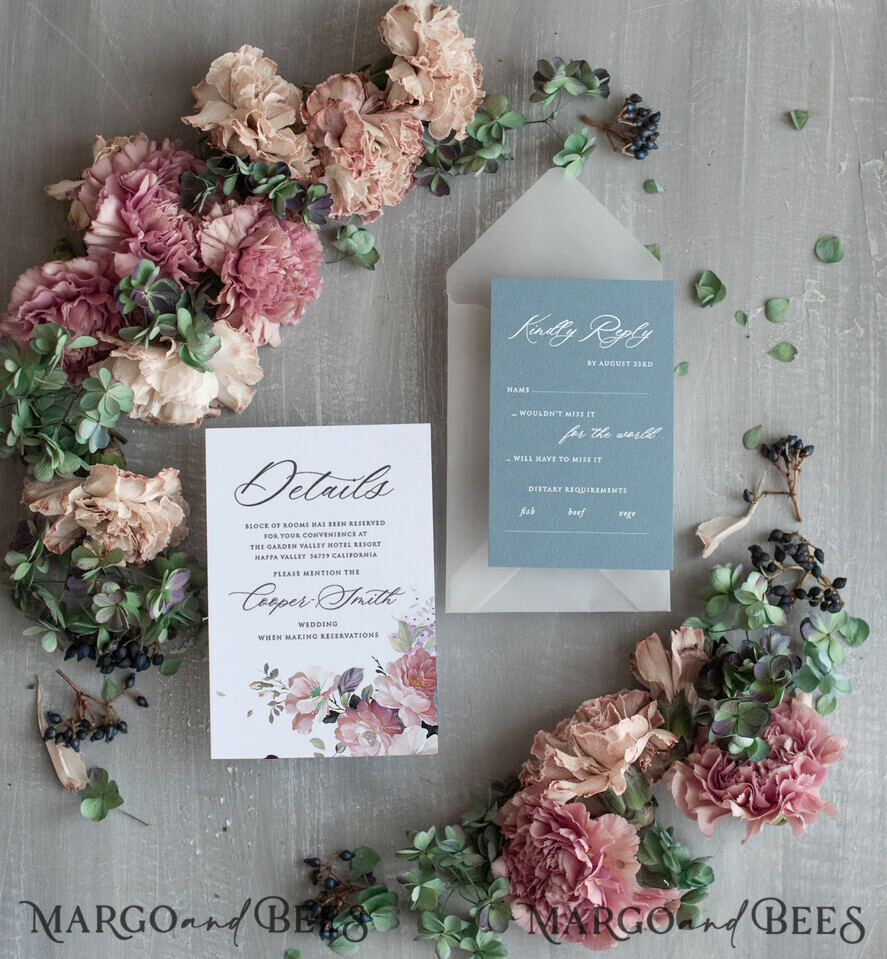 WEDDING INVITATIONS Modern Invites Floral Cards Unique wedding invitations spring flowers invites pastel dusty blue
