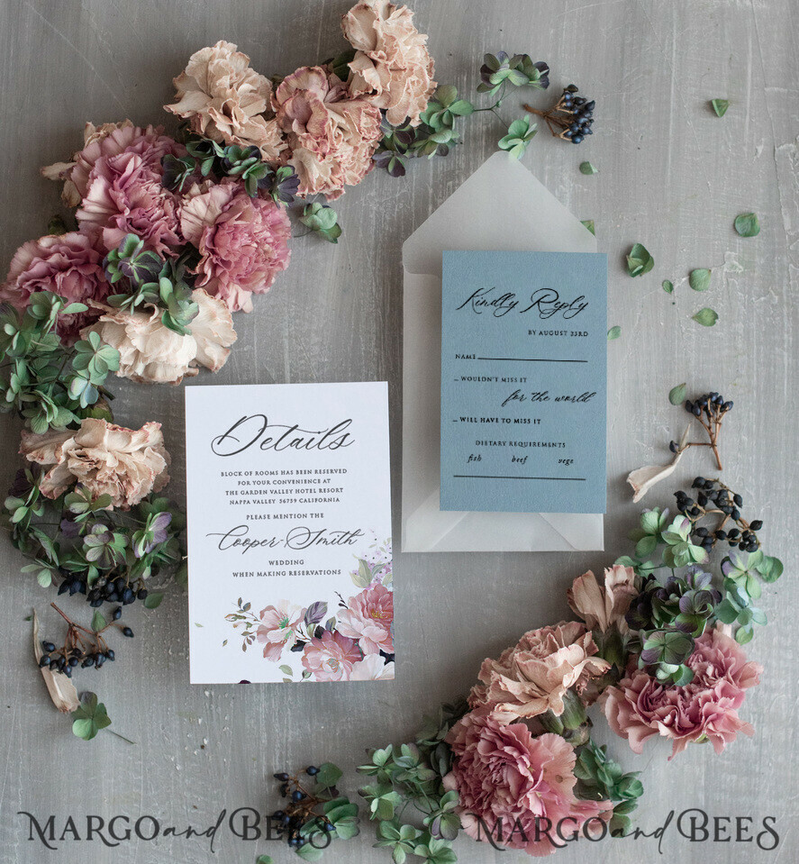 WEDDING INVITATIONS Modern Invites Floral Cards Elegant Dusty Blue Wedding Invitations, Modern Floral Wedding Invites, Delicate And Handmade Wedding Cards, Minimalistic Wedding Stationery