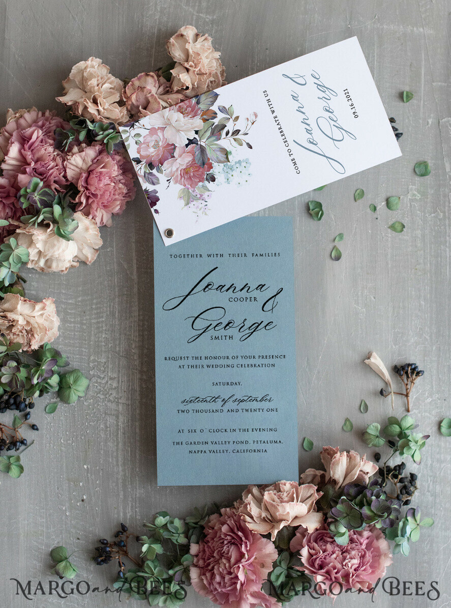 WEDDING INVITATIONS Modern Invites Floral Cards Elegant Dusty Blue Wedding Invitations, Modern Floral Wedding Invites, Delicate And Handmade Wedding Cards, Minimalistic Wedding Stationery