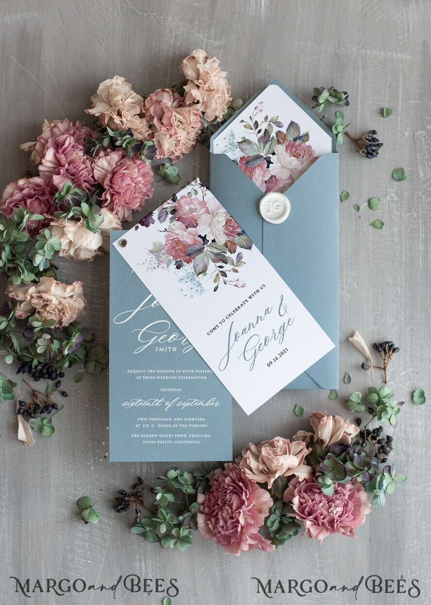 WEDDING INVITATIONS Modern Invites Floral Cards Unique wedding invitations spring flowers invites pastel dusty blue