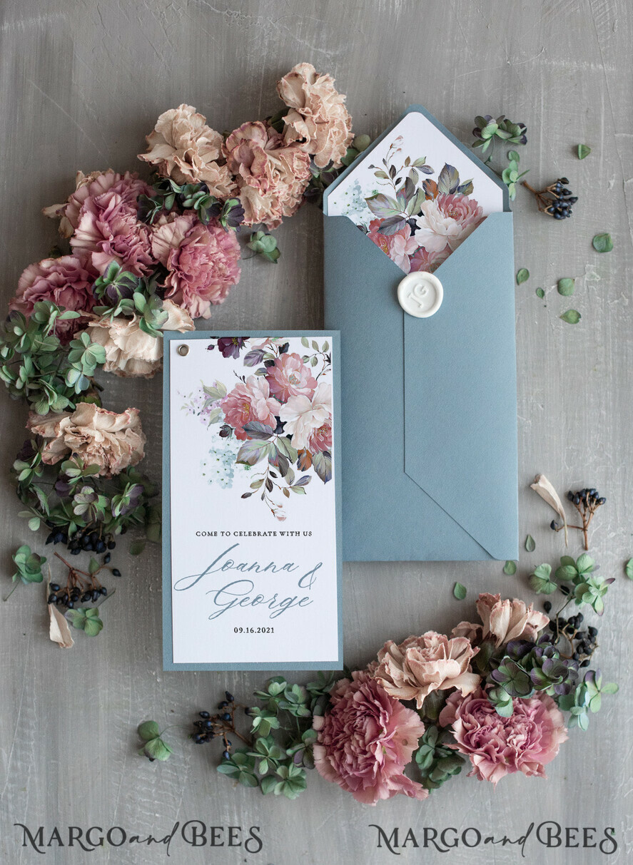 WEDDING INVITATIONS Modern Invites Floral Cards Elegant Dusty Blue Wedding Invitations, Modern Floral Wedding Invites, Delicate And Handmade Wedding Cards, Minimalistic Wedding Stationery