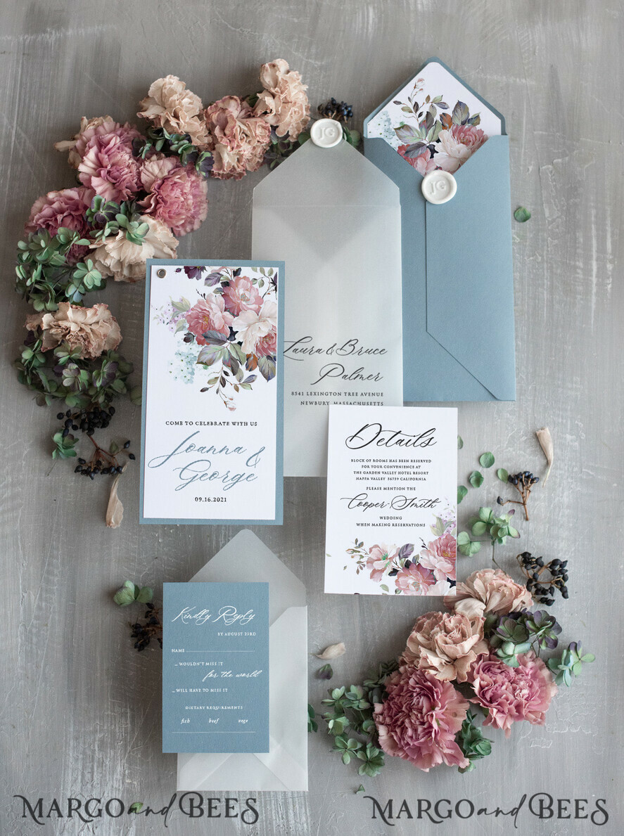 WEDDING INVITATIONS Modern Invites Floral Cards Unique wedding invitations spring flowers invites pastel dusty blue