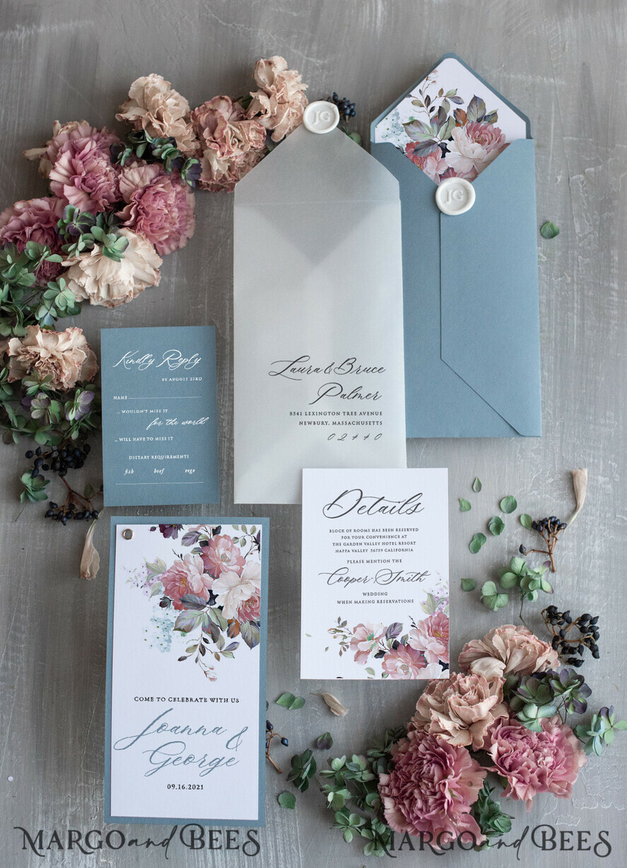 WEDDING INVITATIONS Modern Invites Floral Cards Unique wedding invitations spring flowers invites pastel dusty blue