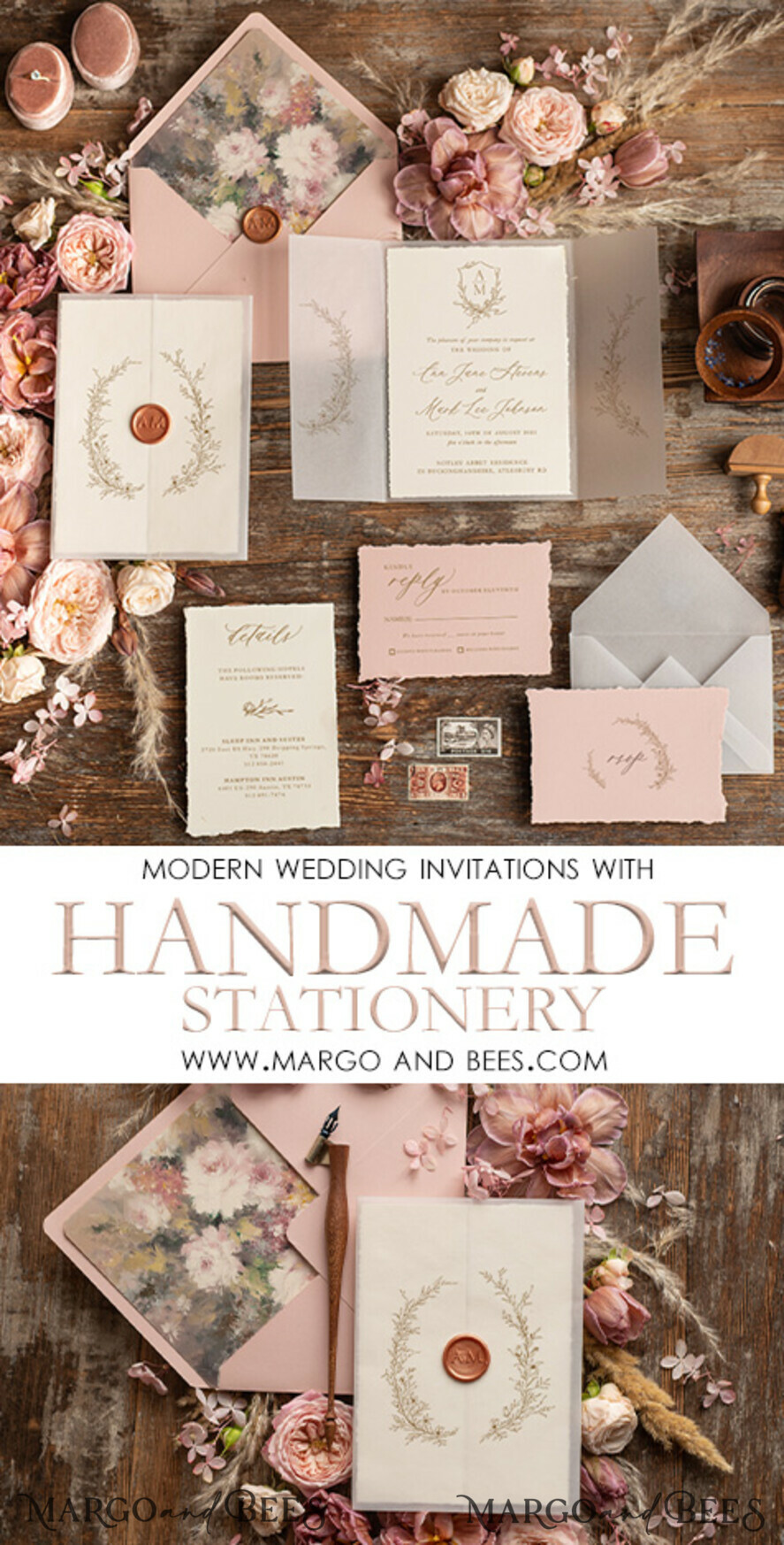 WEDDING INVITATIONS Modern Invites Floral Cards Elegant wedding invitation copper wax, Boho wedding invitations, Floral Elegant Wedding Invites, Botanical wedding Stationery