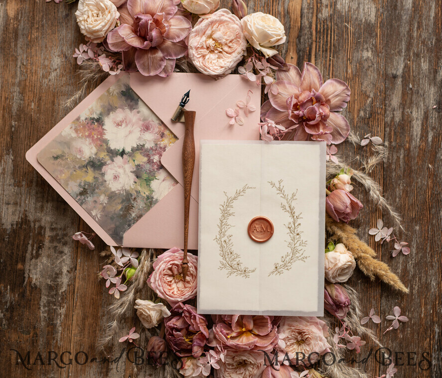 WEDDING INVITATIONS Modern Invites Floral Cards Elegant wedding invitation copper wax, Boho wedding invitations, Floral Elegant Wedding Invites, Botanical wedding Stationery