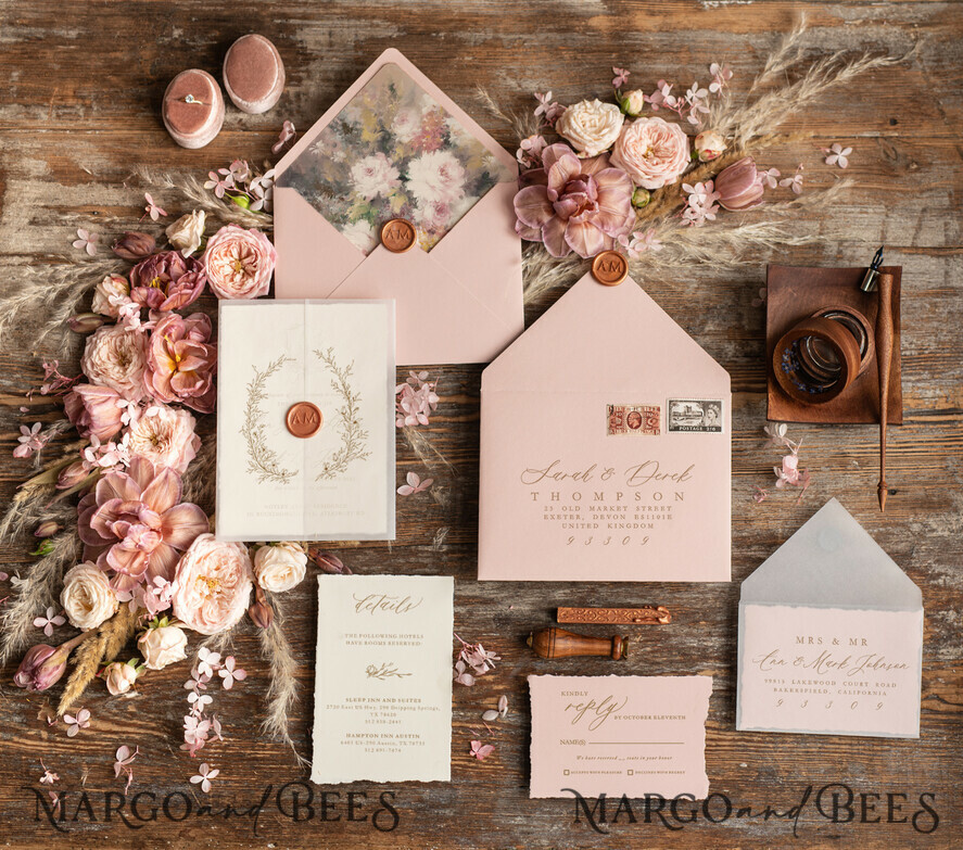 WEDDING INVITATIONS Modern Invites Floral Cards Elegant wedding invitation copper wax, Boho wedding invitations, Floral Elegant Wedding Invites, Botanical wedding Stationery