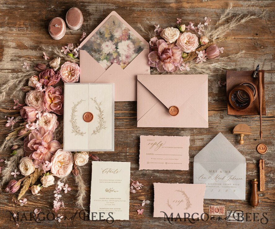 WEDDING INVITATIONS Modern Invites Floral Cards Elegant wedding invitation copper wax, Boho wedding invitations, Floral Elegant Wedding Invites, Botanical wedding Stationery