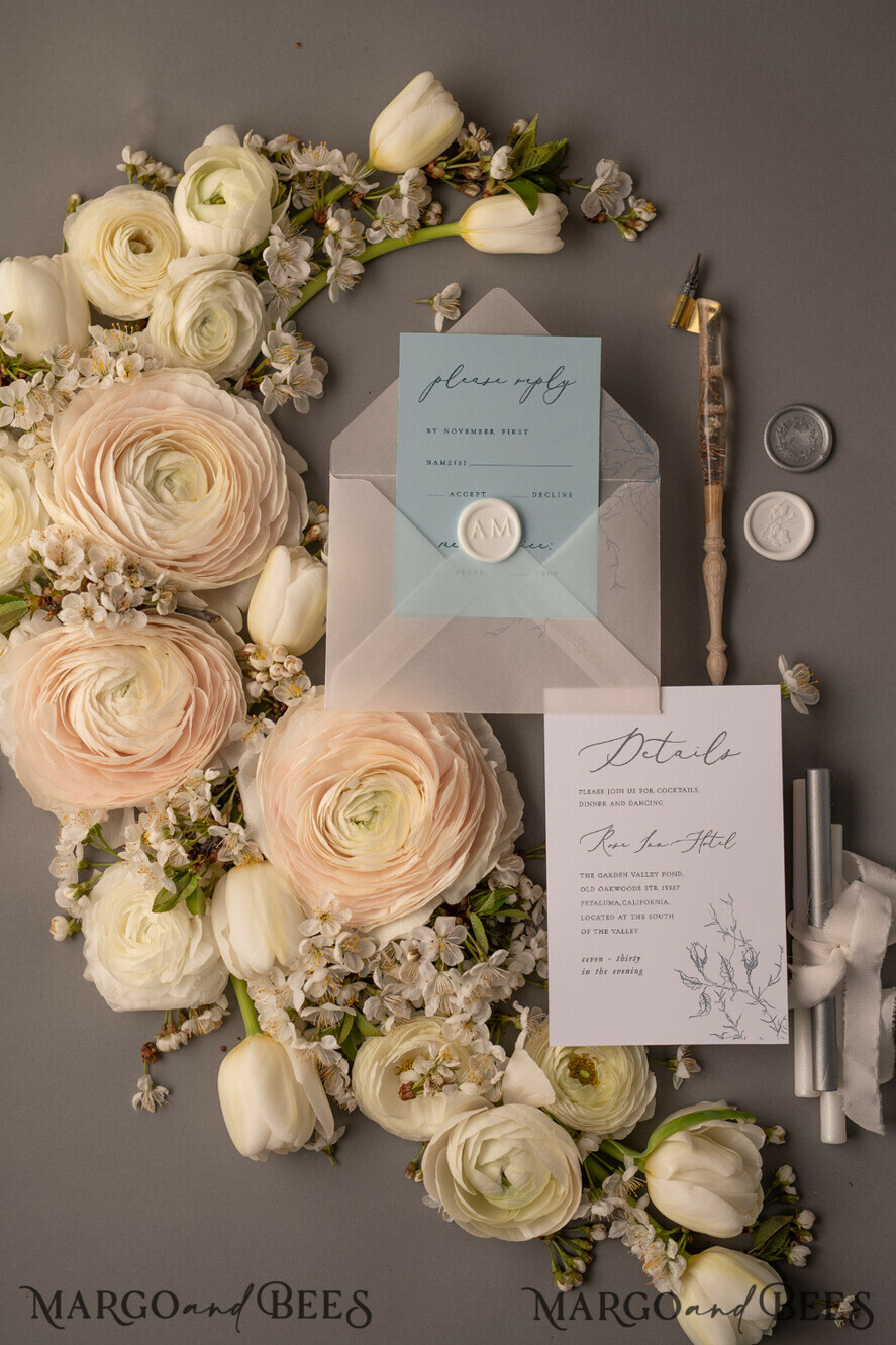 WEDDING INVITATIONS Modern Invites Floral Cards Wedding invitations suite romantic flowers dusty blue color scheme