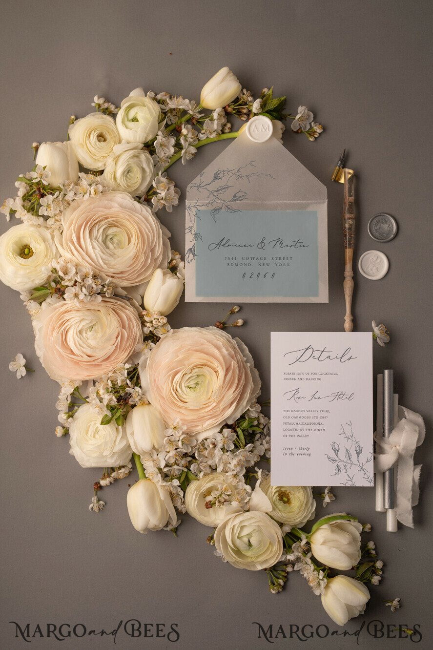 WEDDING INVITATIONS Modern Invites Floral Cards Wedding invitations suite romantic flowers dusty blue color scheme
