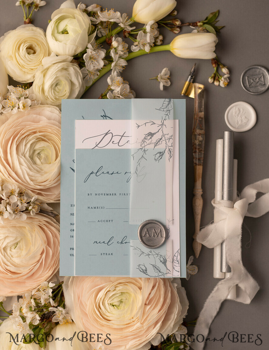 WEDDING INVITATIONS Modern Invites Floral Cards Wedding invitations suite romantic flowers dusty blue color scheme