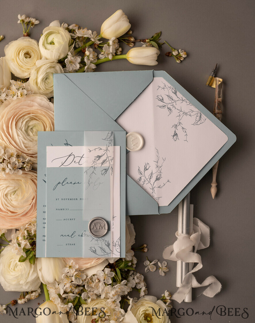 WEDDING INVITATIONS Modern Invites Floral Cards Wedding invitations suite romantic flowers dusty blue color scheme