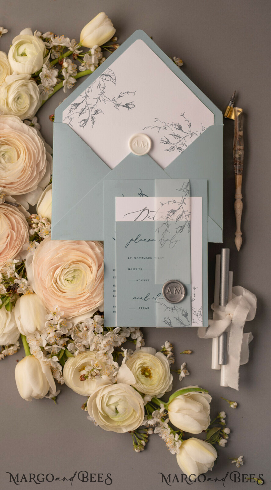 WEDDING INVITATIONS Modern Invites Floral Cards Wedding invitations suite romantic flowers dusty blue color scheme