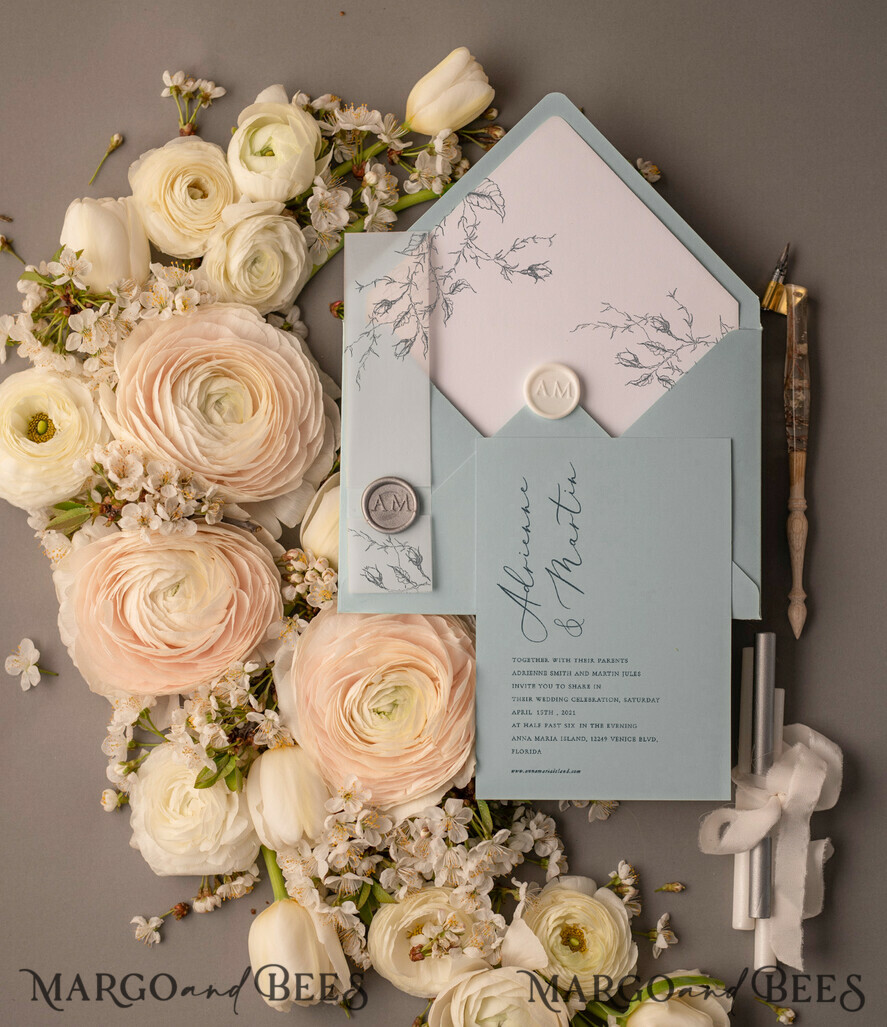WEDDING INVITATIONS Modern Invites Floral Cards Wedding invitations suite romantic flowers dusty blue color scheme