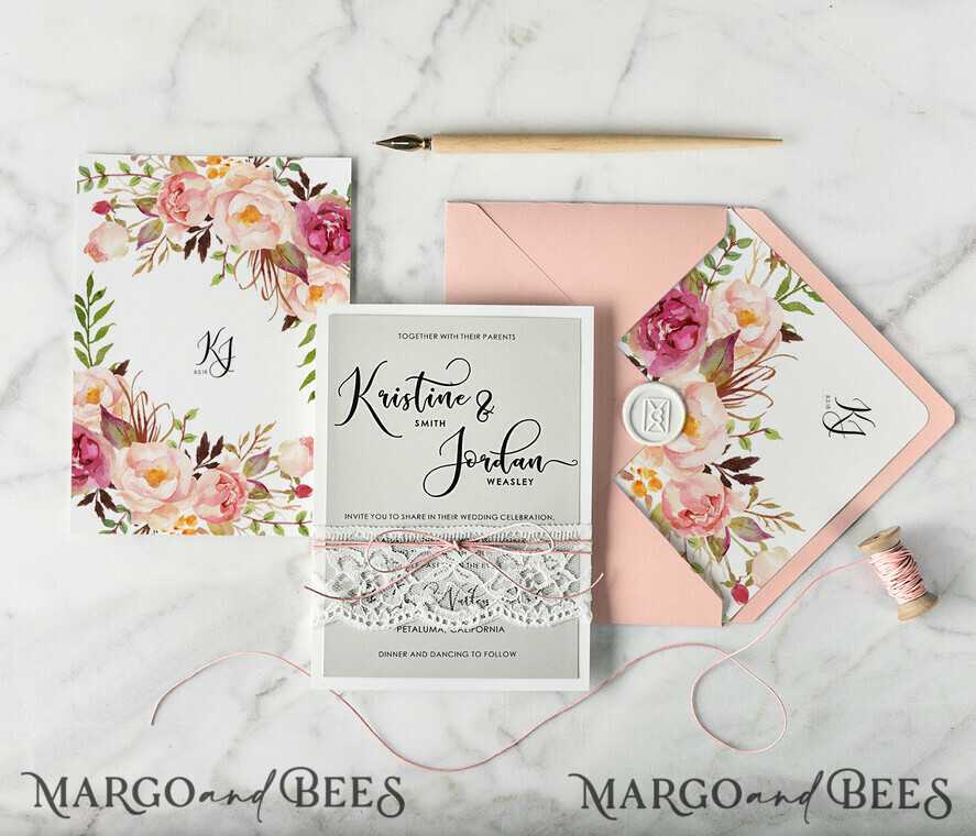 WEDDING INVITATIONS Modern Invites Floral Cards Boho Wedding Invitations Peach and Pink Cheap Stationery Twine and Lace