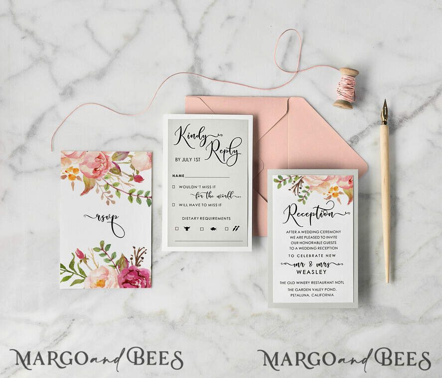 WEDDING INVITATIONS Modern Invites Floral Cards Boho Wedding Invitations Peach and Pink Cheap Stationery Twine and Lace