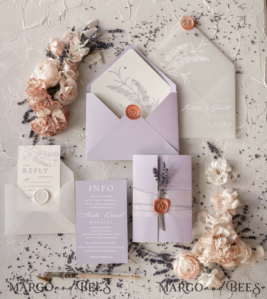 WEDDING INVITATIONS Modern Invites Floral Cards Elegant Wedding invitations romantic floral lavender stationery with twine and cover