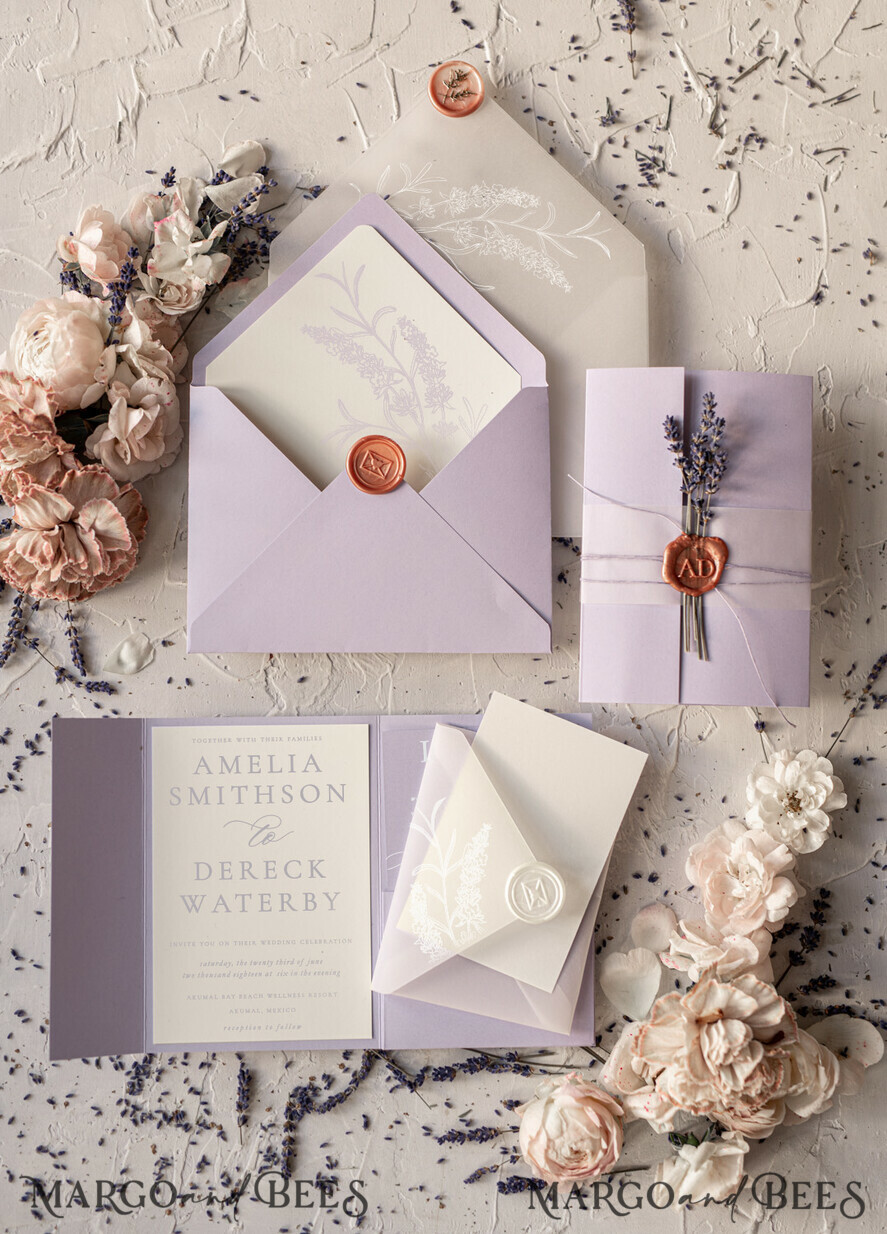 WEDDING INVITATIONS Modern Invites Floral Cards Elegant Wedding invitations romantic floral lavender stationery with twine and cover