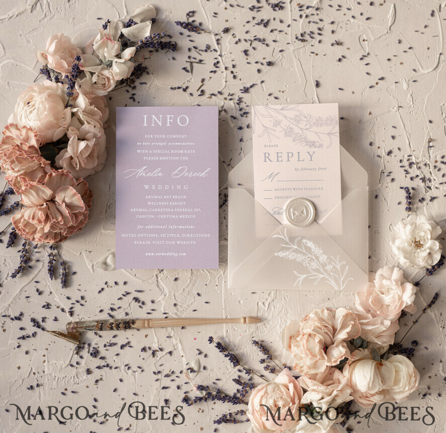 WEDDING INVITATIONS Modern Invites Floral Cards Elegant Wedding invitations romantic floral lavender stationery with twine and cover