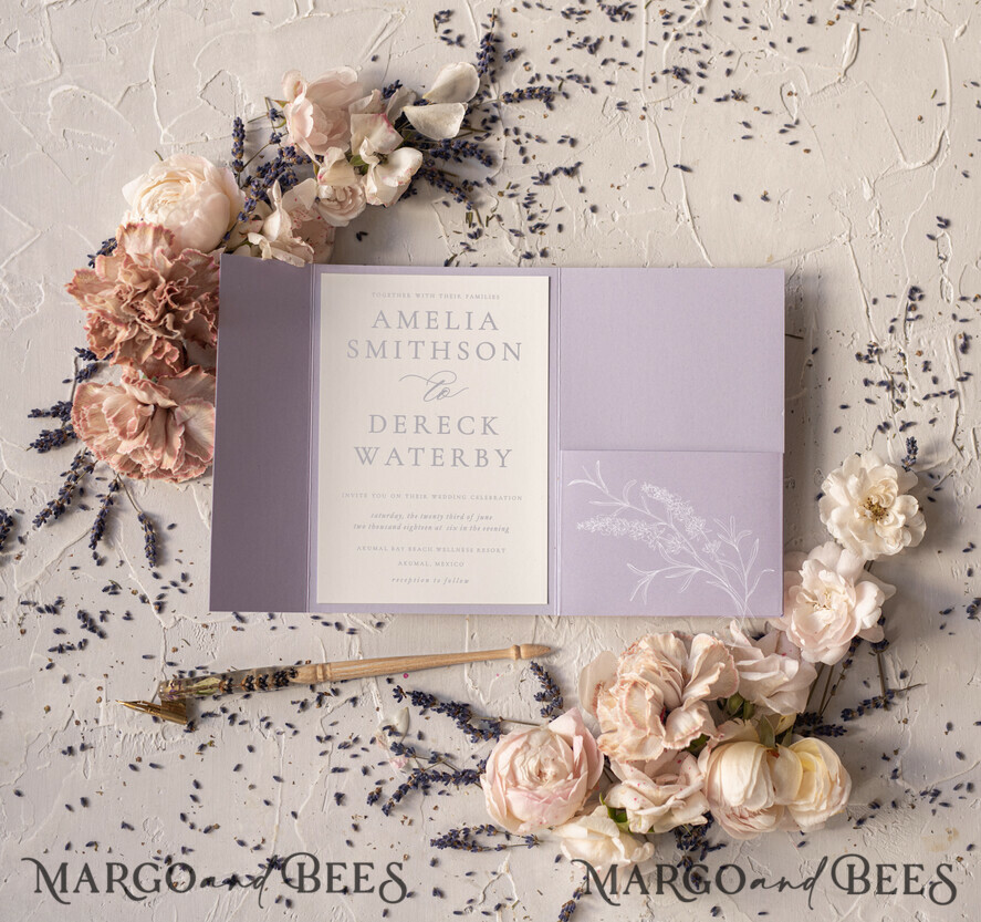 WEDDING INVITATIONS Modern Invites Floral Cards Elegant Wedding invitations romantic floral lavender stationery with twine and cover