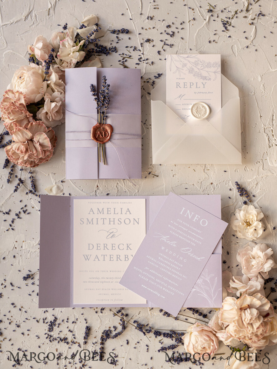 WEDDING INVITATIONS Modern Invites Floral Cards Elegant Wedding invitations romantic floral lavender stationery with twine and cover