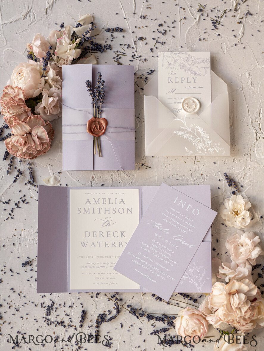 WEDDING INVITATIONS Modern Invites Floral Cards Elegant Wedding invitations romantic floral lavender stationery with twine and cover