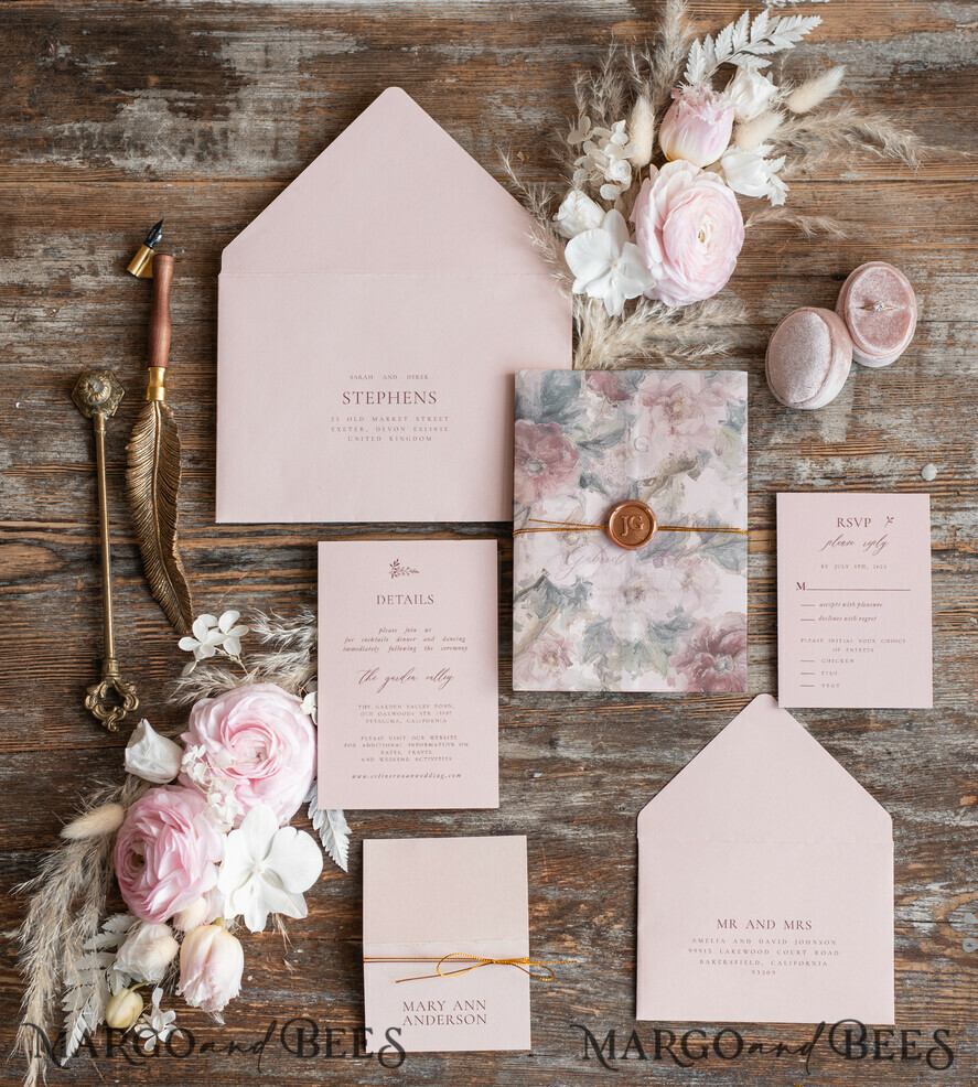 WEDDING INVITATIONS Modern Invites Floral Cards Elegant wedding invitation copper wax, Boho wedding invitations, Floral Elegant Wedding Invites, Botanical wedding Stationery
