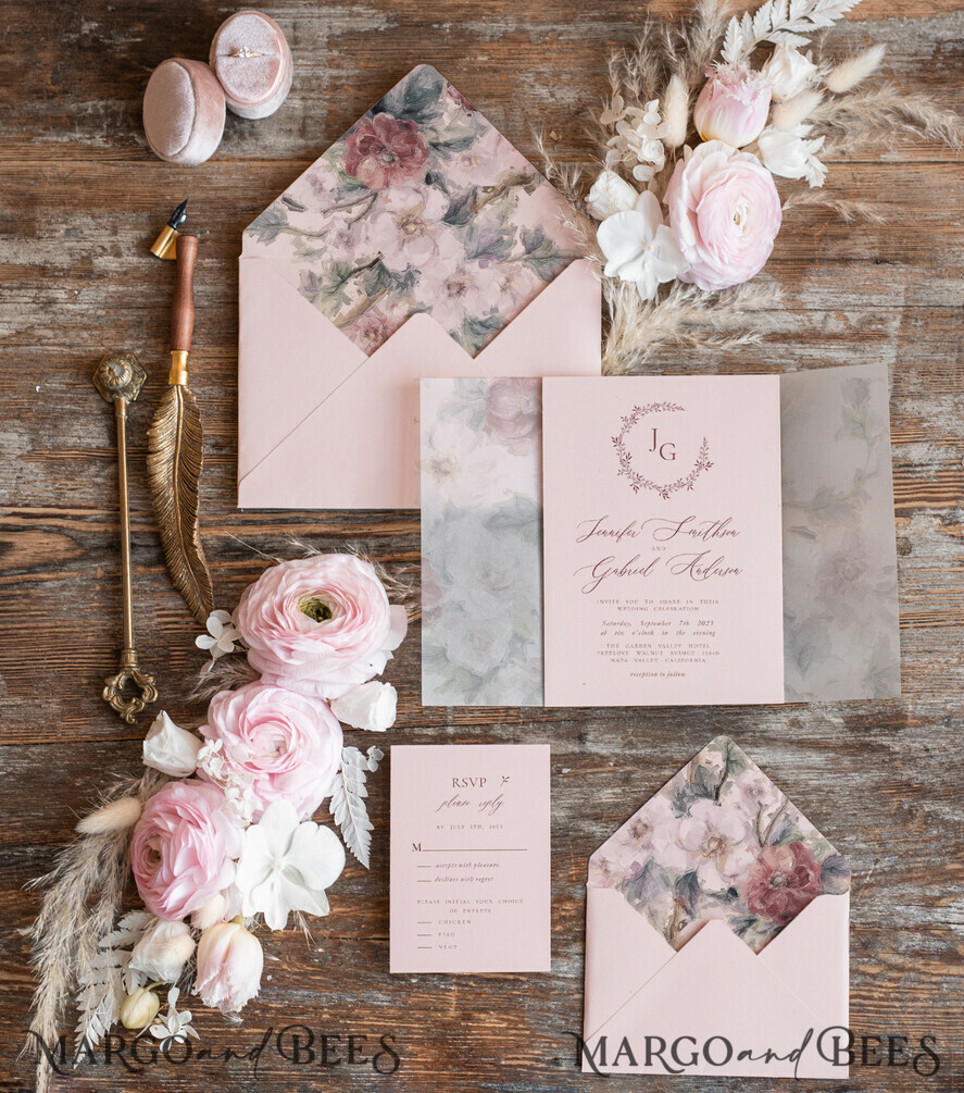 WEDDING INVITATIONS Modern Invites Floral Cards Elegant wedding invitation copper wax, Boho wedding invitations, Floral Elegant Wedding Invites, Botanical wedding Stationery