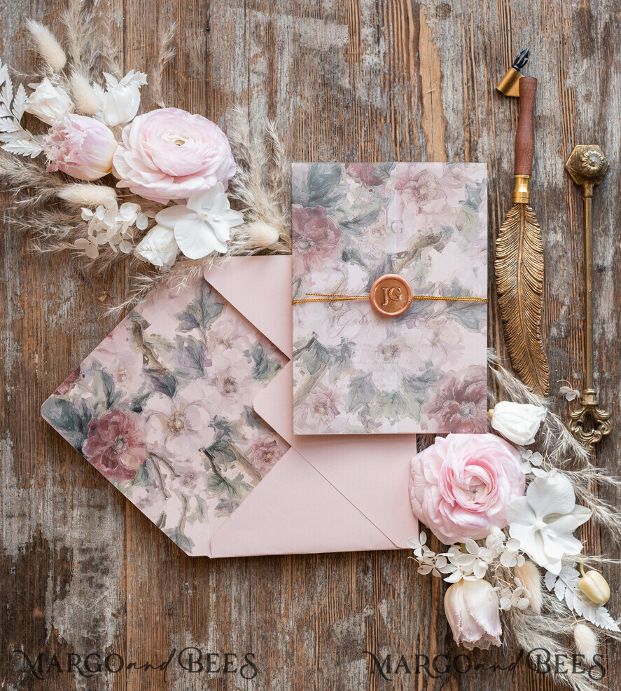 WEDDING INVITATIONS Modern Invites Floral Cards Elegant wedding invitation copper wax, Boho wedding invitations, Floral Elegant Wedding Invites, Botanical wedding Stationery