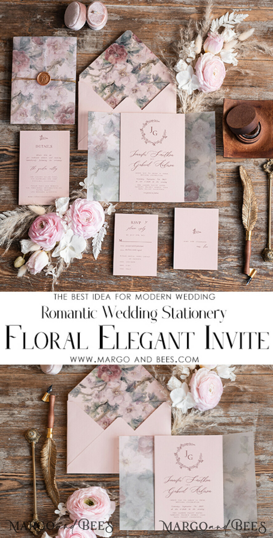 WEDDING INVITATIONS Modern Invites Floral Cards Elegant wedding invitation copper wax, Boho wedding invitations, Floral Elegant Wedding Invites, Botanical wedding Stationery