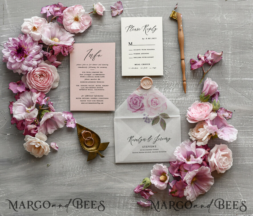 WEDDING INVITATIONS Modern Invites Floral Cards Floral wedding invitations, floral wedding accessories, floral wedding stationery, calligraphy, rose wedding invitations, rose card, rose, roses, garden rose, garden roses wedding invitations, vellum, vellum envelope, floral design, blush pink wedding invitations, blush pink wedding cards, ecru wedding invitations, pastel pink, pink ribbon, pink bow, romantic wedding invitations, blush pink wedding stationery, ecru wedding accessories, floral wedding, spring wedding invitations, spring flowers