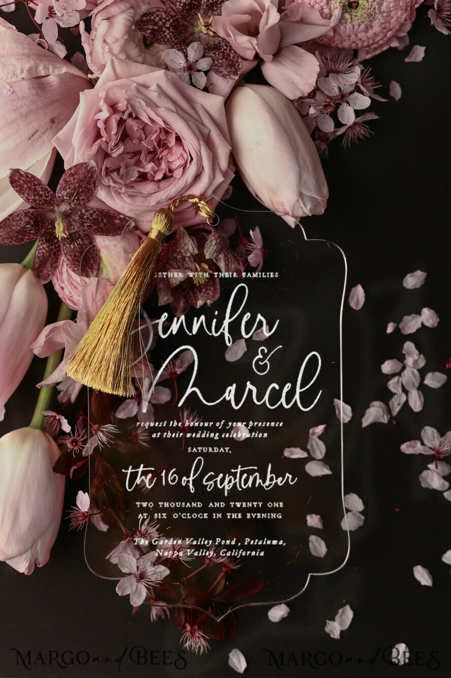 WEDDING INVITATIONS Modern Invites Floral Cards Luxury Acrylic Plexi Wedding Invitations With Gold Tassel, Modern Floral Wedding Invites, Minimalistic Wedding Invitation Suite, Elegant And Handmade Wedding Cards