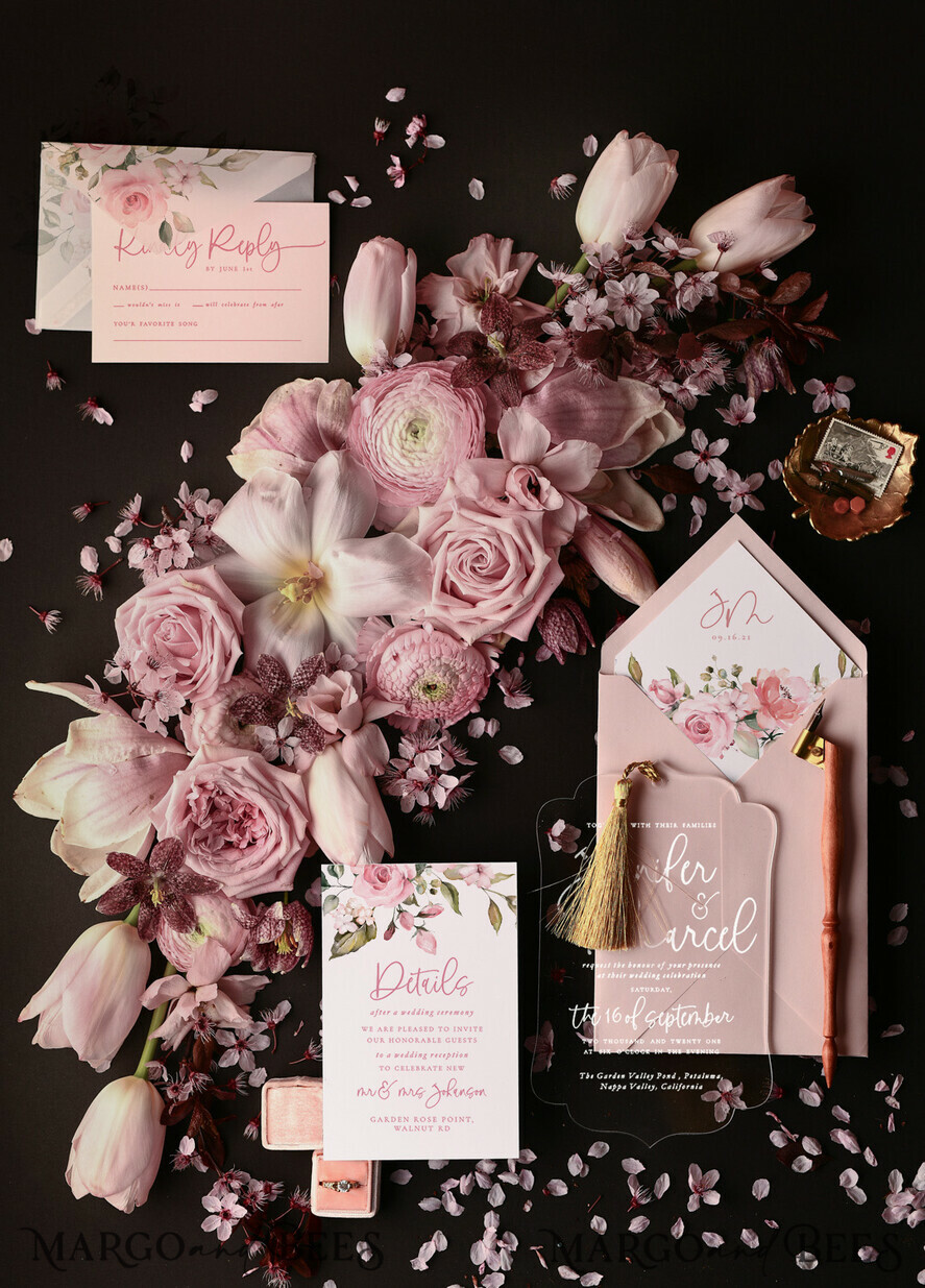 WEDDING INVITATIONS Modern Invites Floral Cards Luxury Acrylic Plexi Wedding Invitations With Gold Tassel, Modern Floral Wedding Invites, Minimalistic Wedding Invitation Suite, Elegant And Handmade Wedding Cards